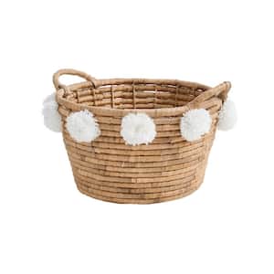 Oval Natural Water Hyacinth Decorative Basket with White Pompom Balls