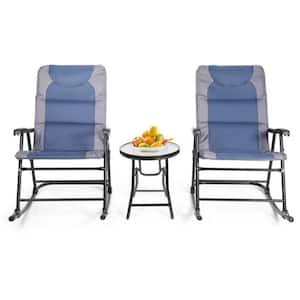3-Piece Outdoor Folding Rocking Chair Conversation Set with Blue and Grey Cushion