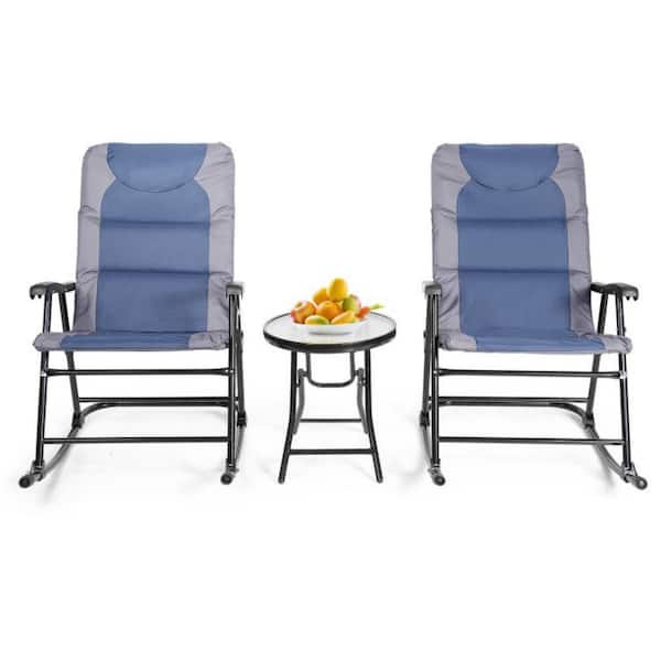 Alpulon 3-Piece Outdoor Folding Rocking Chair Conversation Set with Blue and Grey Cushion