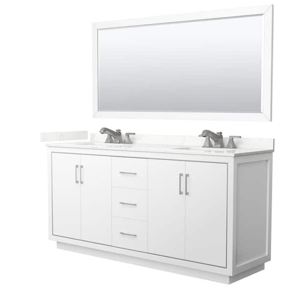 Wyndham Collection Icon 72 in. W x 22 in. D x 35 in. H Double Bath Vanity in White with Giotto Quartz Top and 70 in. Mirror