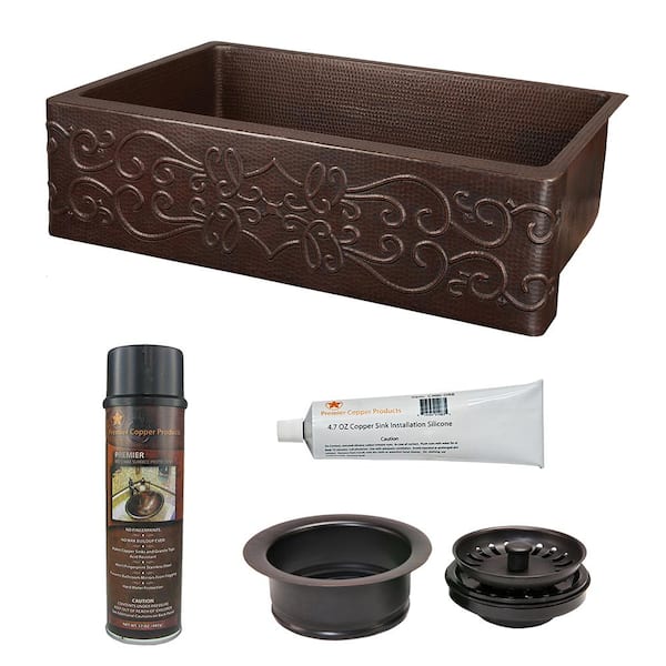 Premier Copper Products Undermount Hammered Copper 33 in. 0-Hole Single Bowl Kitchen Sink with Scroll Design and Drain in Oil Rubbed Bronze