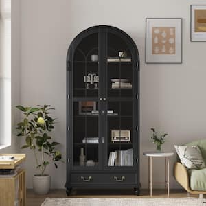Black 77.2 in. Accent Storage Cabinet with 5-Shelf, Glass Doors, Arched Glass Display Cabinet with Drawer