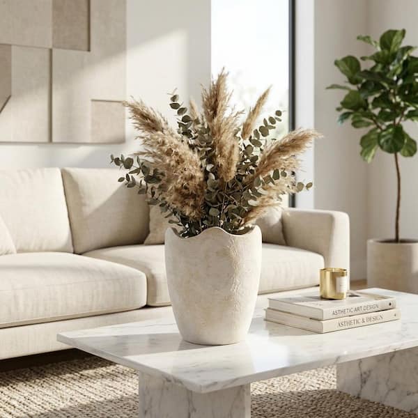 12 in. Ivory Terra Cotta Urn Abstract Textured Decorative Vase