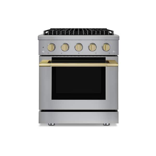 HausPro 30 in. 4-Burners Gas Range in Stainless Steel with 20,000 BTU and Convection Oven w/5-Rack Positions Satin Brass