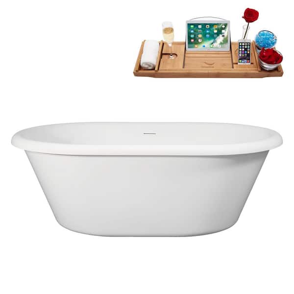 66 in. x 40 in. Acrylic Freestanding Soaking Bathtub in Glossy White with Brushed Nickel Drain, Bamboo Tray