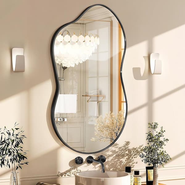 46 in. W x 26 in. H Irregular Black Aluminum Alloy Framed Wall Mirror Asymmetrical Wall Mirror