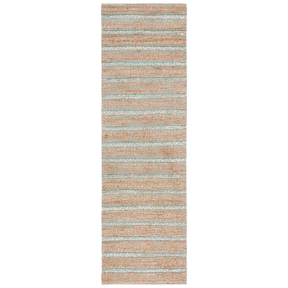 Teal and Natural Handwoven Cotton Jute Runner Rug