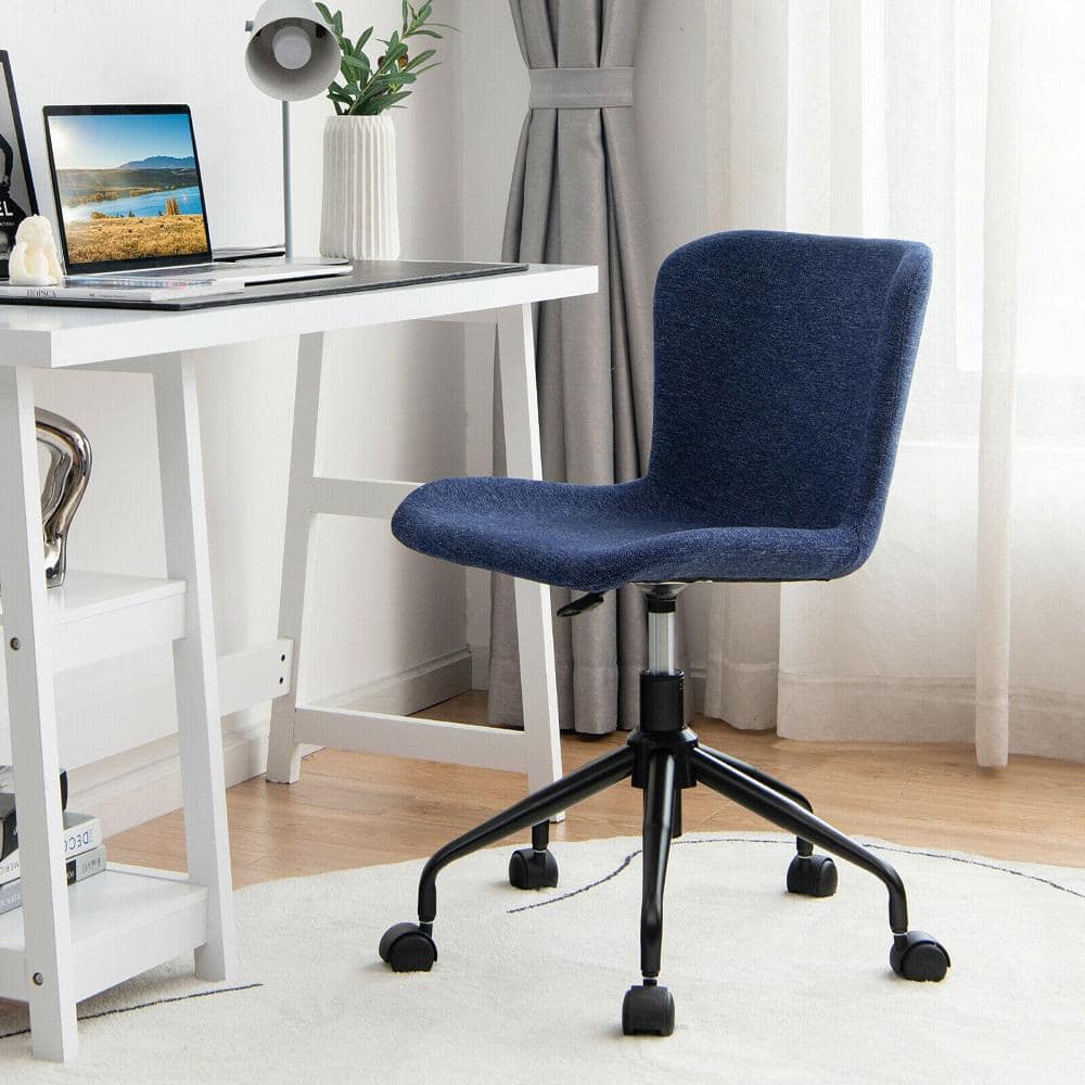 Mid Back Armless Office Chair Adjustable Swivel Linen Task Chair Blue - Thumbnail 4