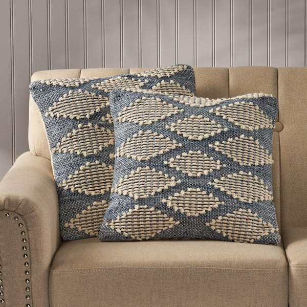 Noble House Brittany Blue and Natural Geometric Zipper 18 in. x 18 in. Throw Pillow Cover (Set of 2)