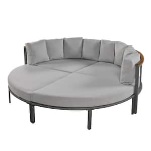 4-Piece Round Metal Outdoor Day Bed with Cushions, Patio Furniture Set, Conversation Set All Weather, Gray Cushions