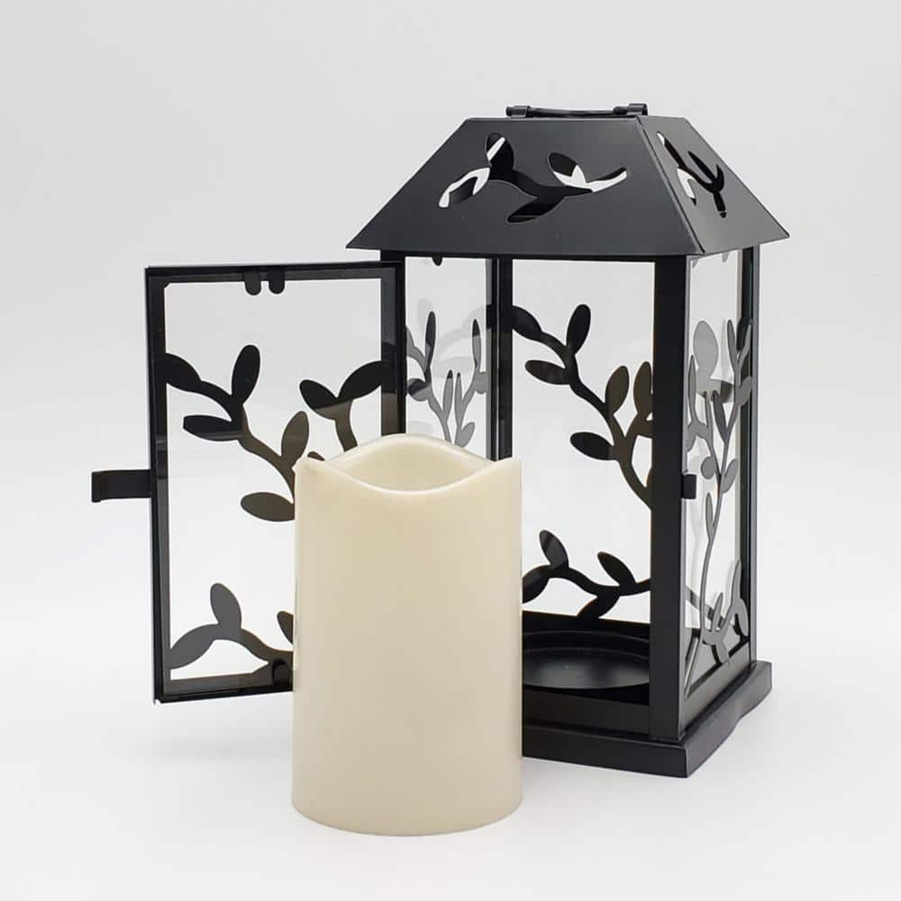 Bronze Floral Print LED Lantern with Flameless Candle