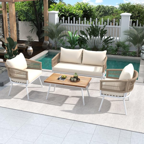 Runesay 4-Piece Rope Metal Composite Outdoor Patio Furniture Conversation Sectional Set with Wood Table and Beige Cushions