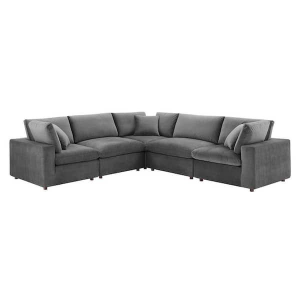 MODWAY Commix 119 in. 5-Piece Gray Down Filled Overstuffed Performance Velvet Sectional Sofa