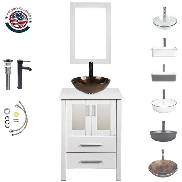 TOOLKISS 24 in. W x 19 in. D x 32.3 in. H Single Sink Bath Vanity in White with White Wood Top and Mirror