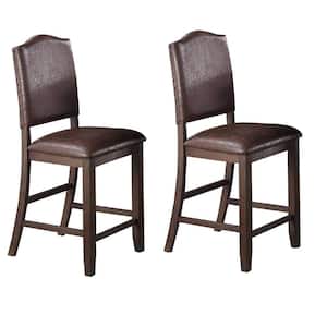 35 in. Brown Low Back Wood Frame Counter Height Stool Chair with Faux Leather Seat (Set of 2)