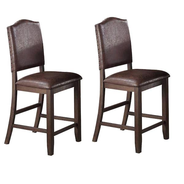 Benjara 35 in. Brown Low Back Wood Frame Counter Height Stool Chair with Faux Leather Seat (Set of 2)