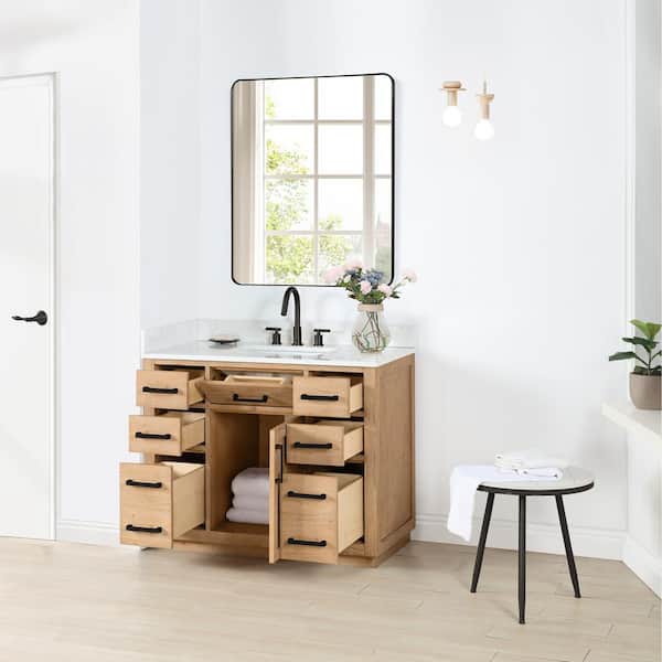 Gavino 42 in.W x 22 in.D x 34 in.H Bath Vanity in Light Brown with Grain White Composite Stone Top and Mirror