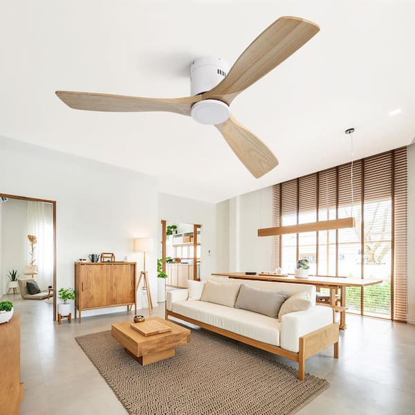 52 in. Smart Standard Indoor/Outdoor Wood Blades White Flush Mount Ceiling Fan with Romote&APP Control