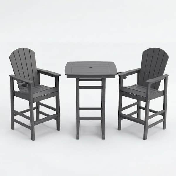 Gray All-Weather 3-Piece HDPE Bar-Height Patio Set include 42.1" Square High Top Pub Table and 2 Bar Chairs