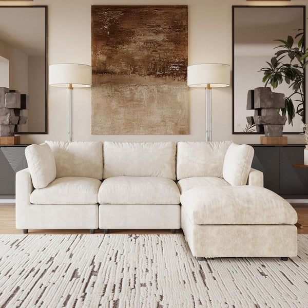 Modular Cloud Couch,101 in. Square Arm Chenille L-Shaped Sofa with Chaise Ottoman,Washable Covers for Apartment in Beige