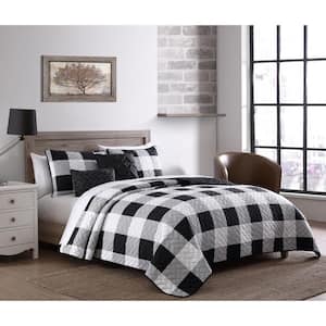 Buffalo Plaid 5-Piece Black/White Queen Quilt Set with Throw Pillows