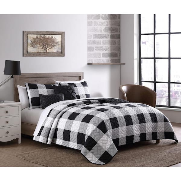 Buffalo Plaid 5 Piece Black White Queen, Twin Bed Coverlet Size