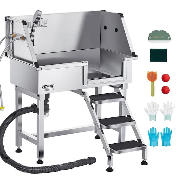 VEVOR 34 in. Pet Dog Bathing Station w/Ramp Professional Stainless Steel Dog Grooming Tub w/Drawer Pet Furniture Cover Right