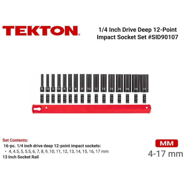 1/4 Inch Drive Deep 12-Point Impact Socket Set with Rail, 16-Piece (4-17 mm)