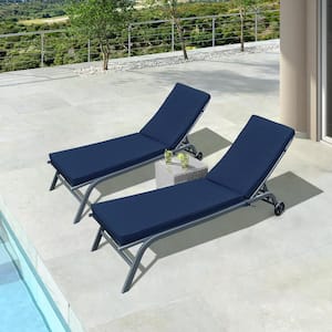 Sliver 2-Piece Metal Outdoor Patio Chaise Lounge Chair with  Navy Blue Cushion
