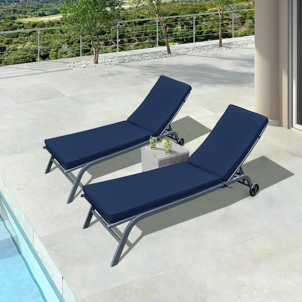 myhomore Sliver 2-Piece Metal Outdoor Patio Chaise Lounge Chair with  Navy Blue Cushion