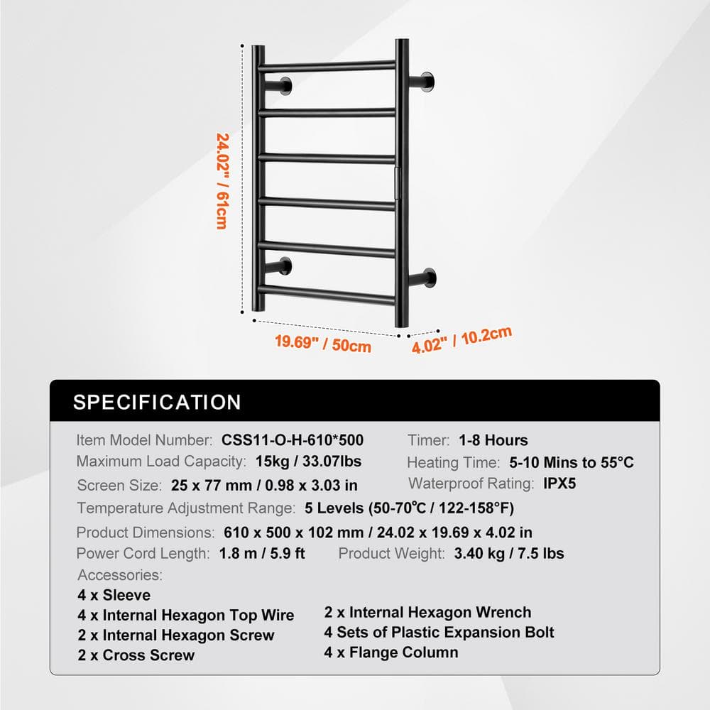 Black Stainless Steel Wall Mounted Heated Towel Rack with Timer