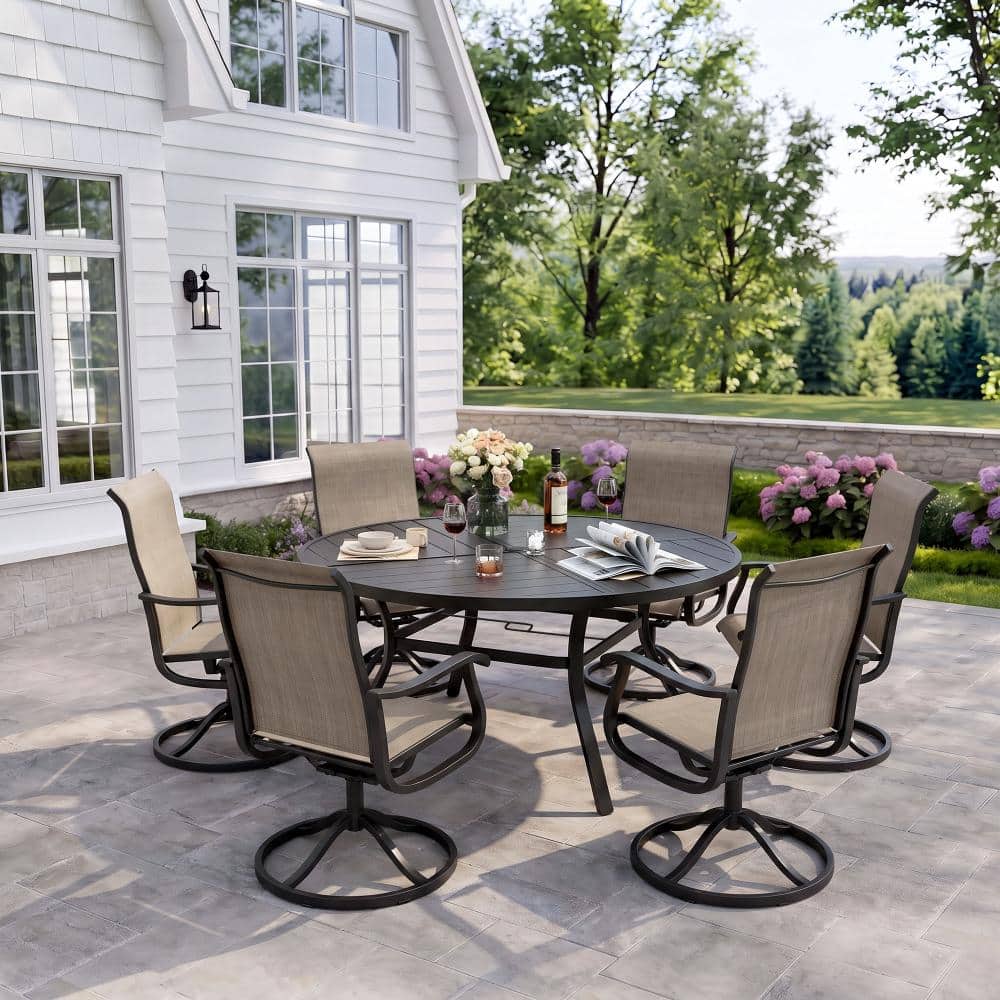 7-Piece Metal Outdoor Patio Dining Set with Round Table and High Back Padded Textilene Swivel Chairs in Brown price history on PriceWatchPro