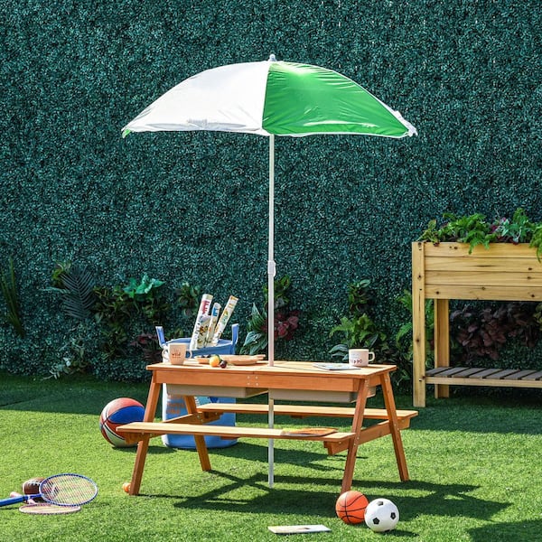 Oyezvary 36.5 in. Natural Rectangle Wood Kids Picnic Table, Sand and Water Storage Inside, Seats 4-People with Umbrella Hole