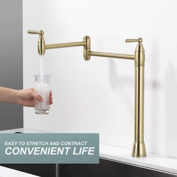 Brass Deck Mount Pot Filler Faucet with 2-Handles and Supply Line Folding Island Faucet in Gold