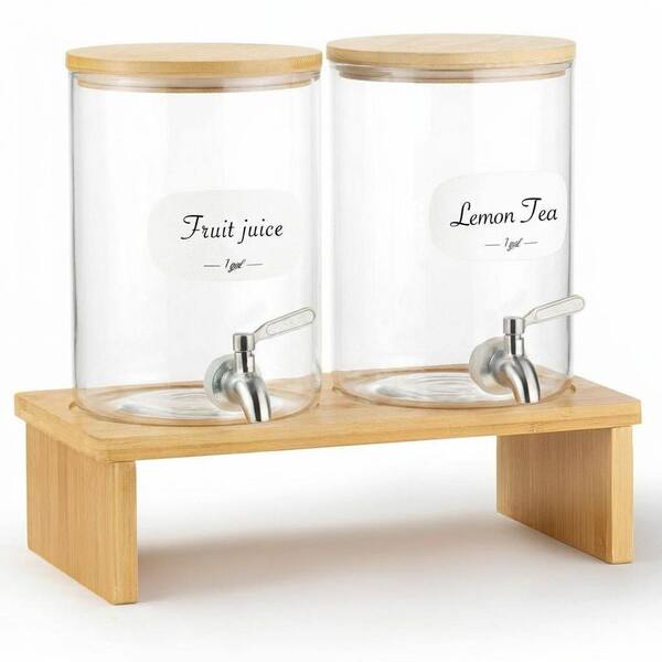 2-Pack 1 Gallon Glass Drink Dispenser Set with Bamboo Stand 18/8 Stainless Steel Spigot Bamboo Lid and 8