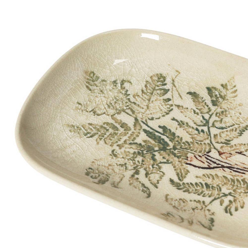 Cream and Green Botanical Debossed Ceramic Dish Set