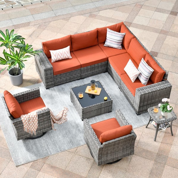 HOOOWOOO Crater Grey 9-Piece Wicker Wide-Plus Arm Patio Conversation Sofa Set with Swivel Rocking Chairs and Orange Red Cushions