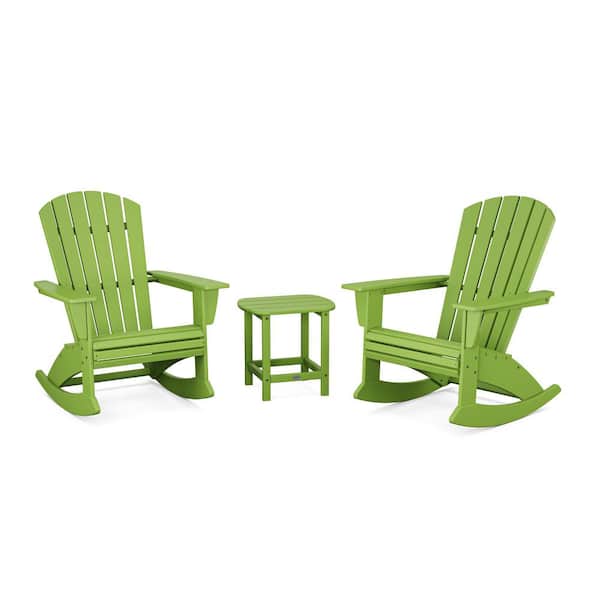 POLYWOOD Nautical Curveback Adirondack Rocking Chair Lime 3-Piece HDPE Plastic Patio Conversation Set