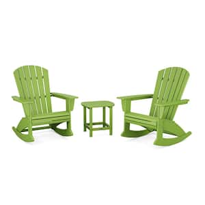 Nautical Curveback Adirondack Rocking Chair Lime 3-Piece HDPE Plastic Patio Conversation Set