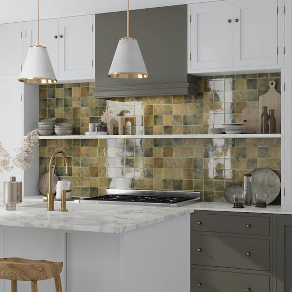 Apollo Tile Antiek Olive Green 3.94 in. x 3.94 in. Glossy Ceramic Square Wall and Floor Sample Tile (0.11 sq. ft./case) (1-pack)