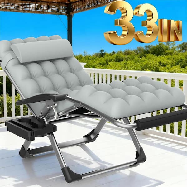 33 in. W Metal Zero Gravity Lounge Chair Outdoor Patio Lounge Reclining Chair with Gray Cushion 500 lbs. Capacity