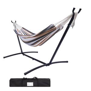 9.3 ft. Portable Free Standing Cotton Rope Fabric Double Classic Hammock with Stand and Carrying Pouch in Gray Striped