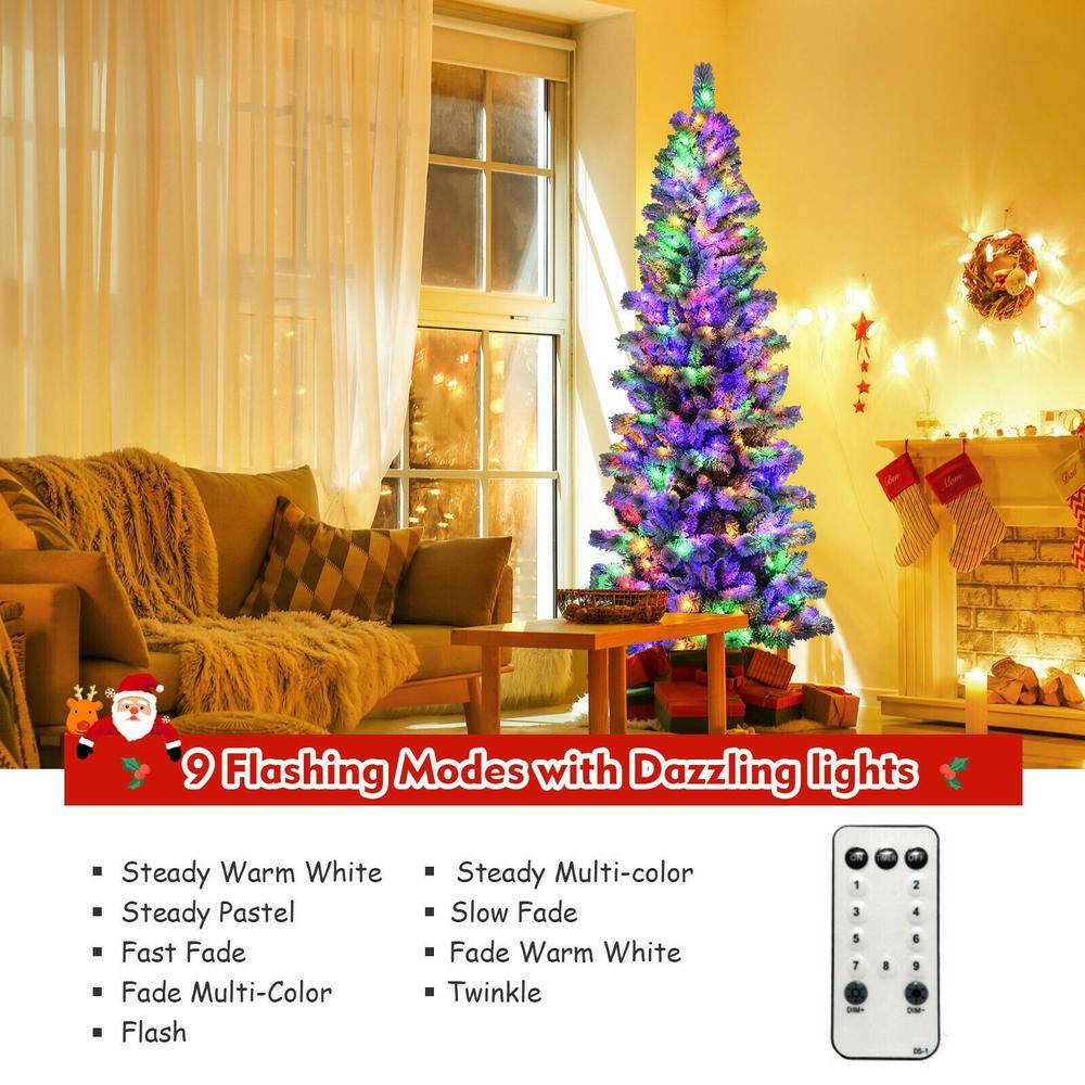7.5 ft Snow Flocked Pine Christmas Tree with Multicolor LED Lights