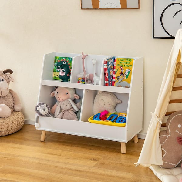 31.5 in. Wide White 5-Cube Kids Bookshelf and Toy Organizer Wooden Storage Bookcase with Wood Legs
