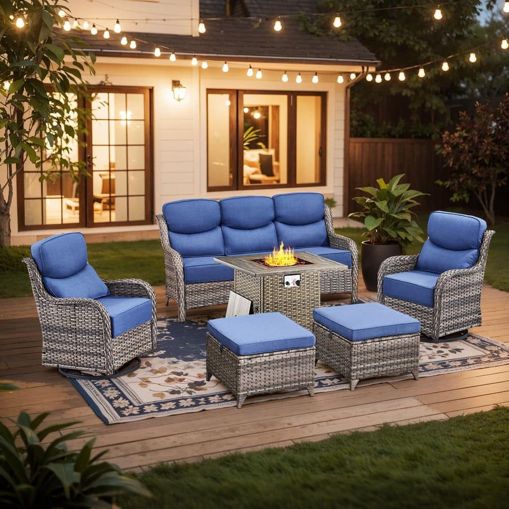 Holion 6-Piece Patio Conversation Furniture Set with Fire Pit, Wicker Outdoor Swivel Chairs Patio Sofa with Blue Cushion price history on PriceWatchPro
