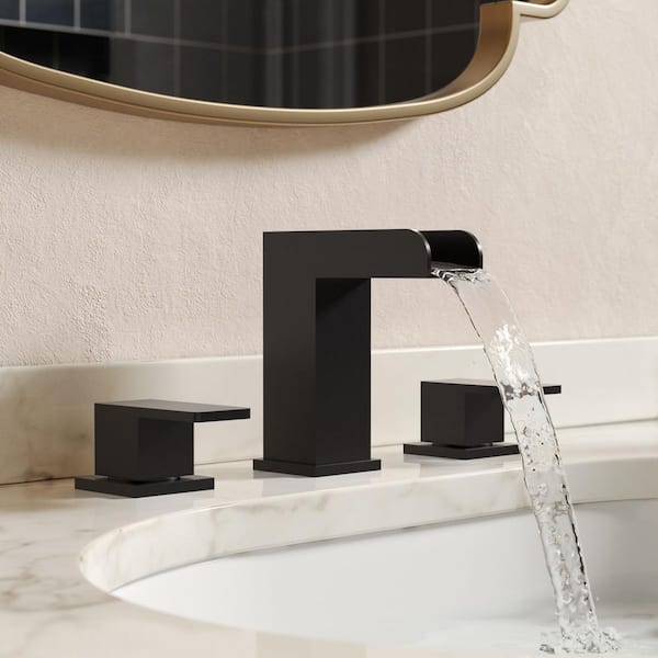 Waterfall Spout 8 in. Widespread Double Handle Bathroom Faucet 1.0 GPM in Matte Black Valve Included Stainless Steel