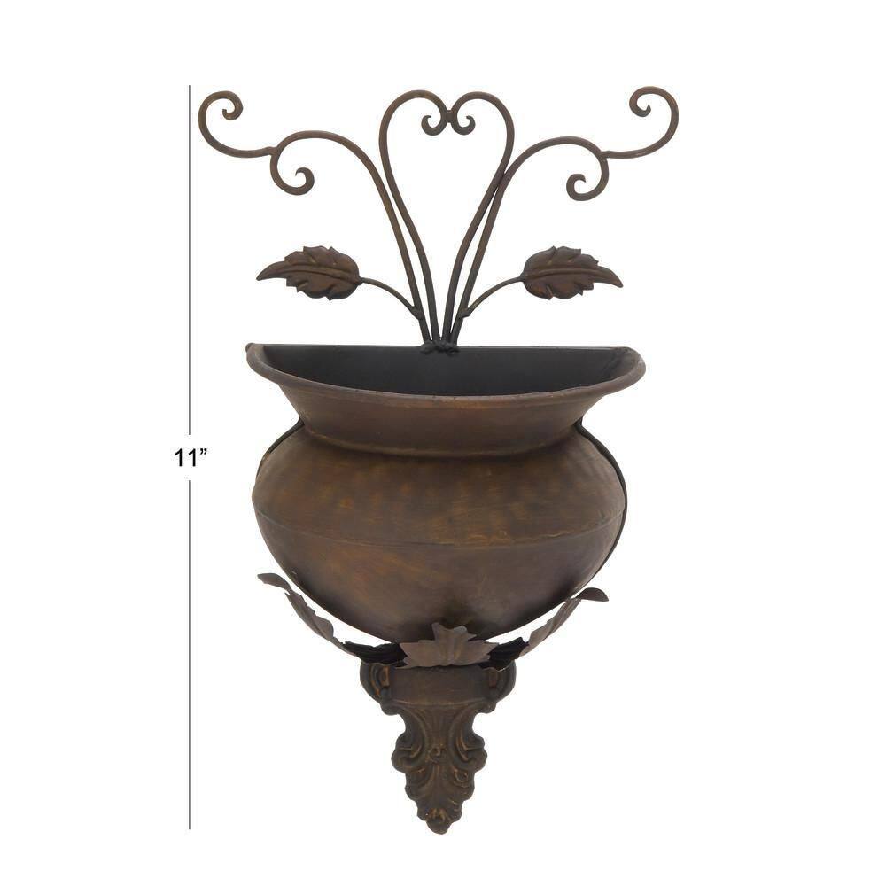 Brown Metal Indoor Outdoor Scroll Wall Planter, 11" x 6" x 18"