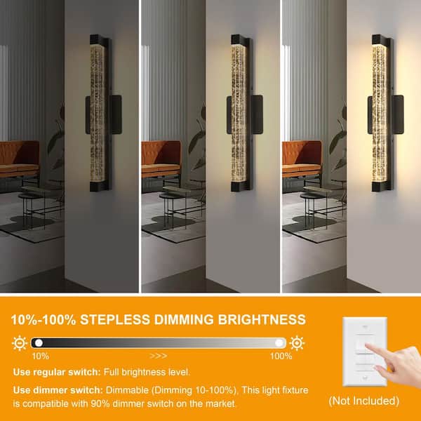 25 in. Modern 1-Light Matte Black Indoor LED Wall Sconce w/ Bubble Crystal Glass 3 CCT Dimmable Wall Light for Bathroom