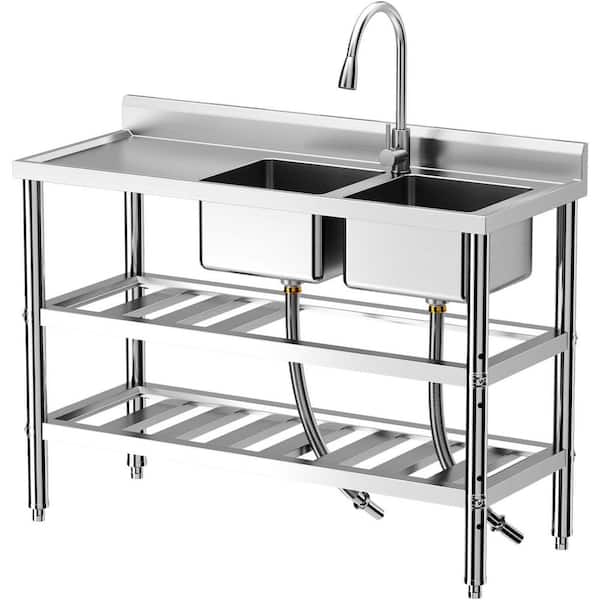 Freestanding Laundry/Utility Sink, Stainless Steel Double Bowl with Pull Out Faucet, Hot/Cold Water Pipe for Kitchen