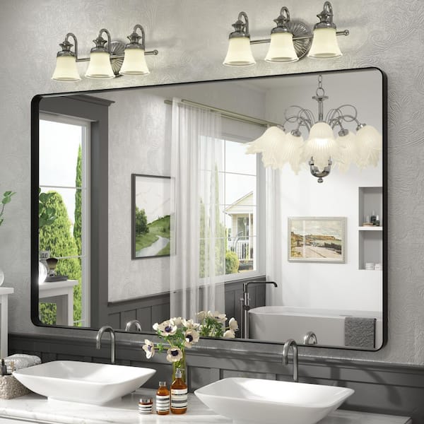 55 in. W x 36 in. H Rectangular Aluminum Alloy Framed and Tempered Glass Wall Bathroom Vanity Mirror in Matte Black